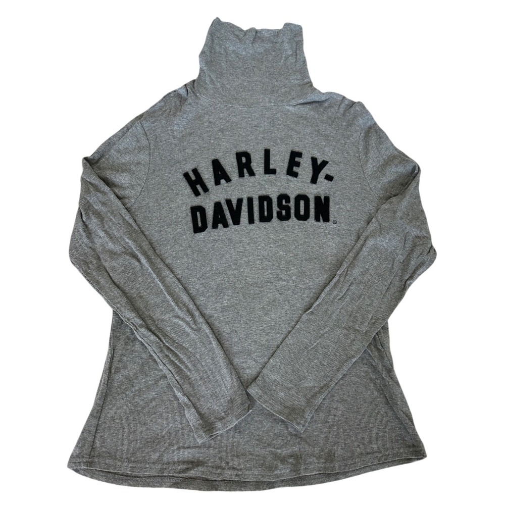 Harley Davidson Womens Gray Ribbed Turtleneck Long Sleeve Logo Shirt Large